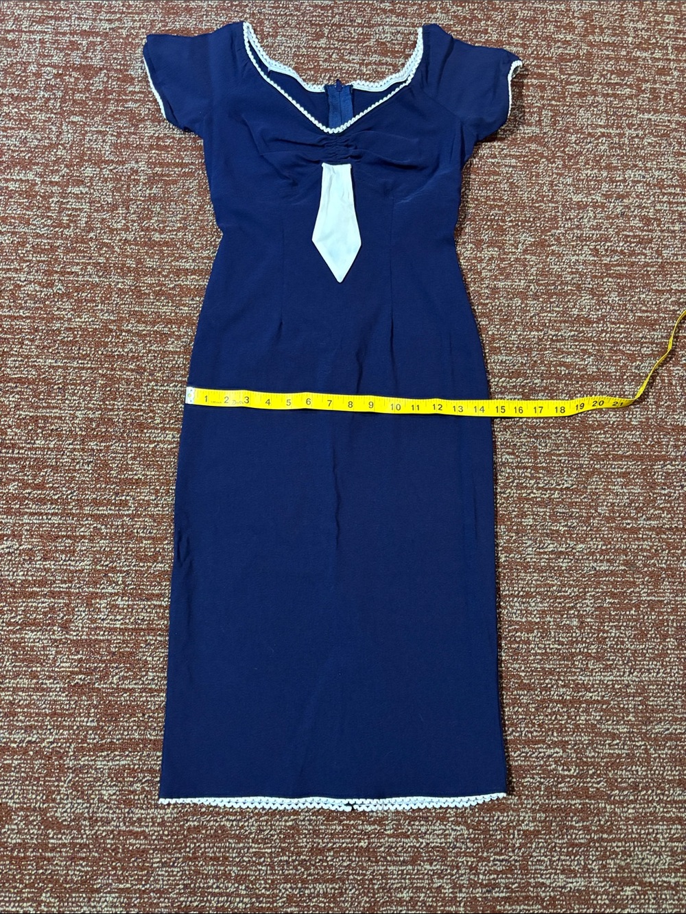Vintage style fitted stretch navy blue sailor dress eyelet trim tie detail Med - Picture 15 of 16